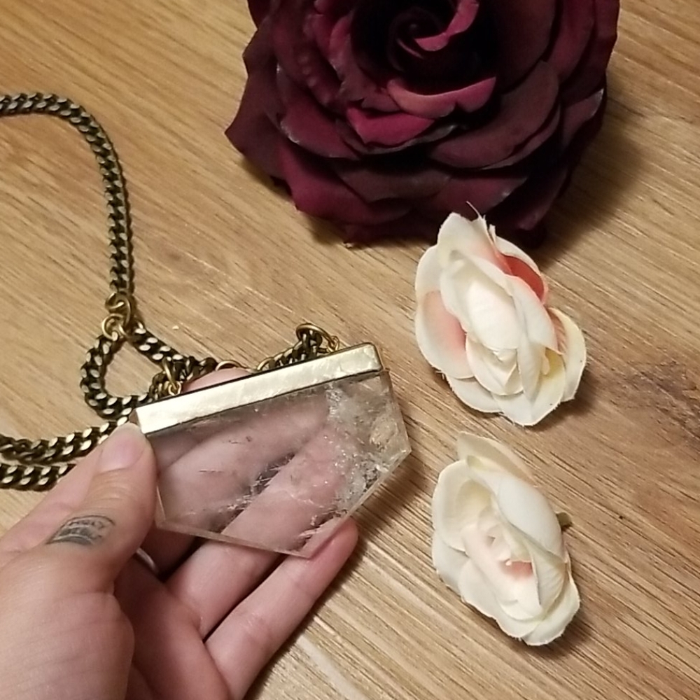 Orion X quartz necklace on brass chain